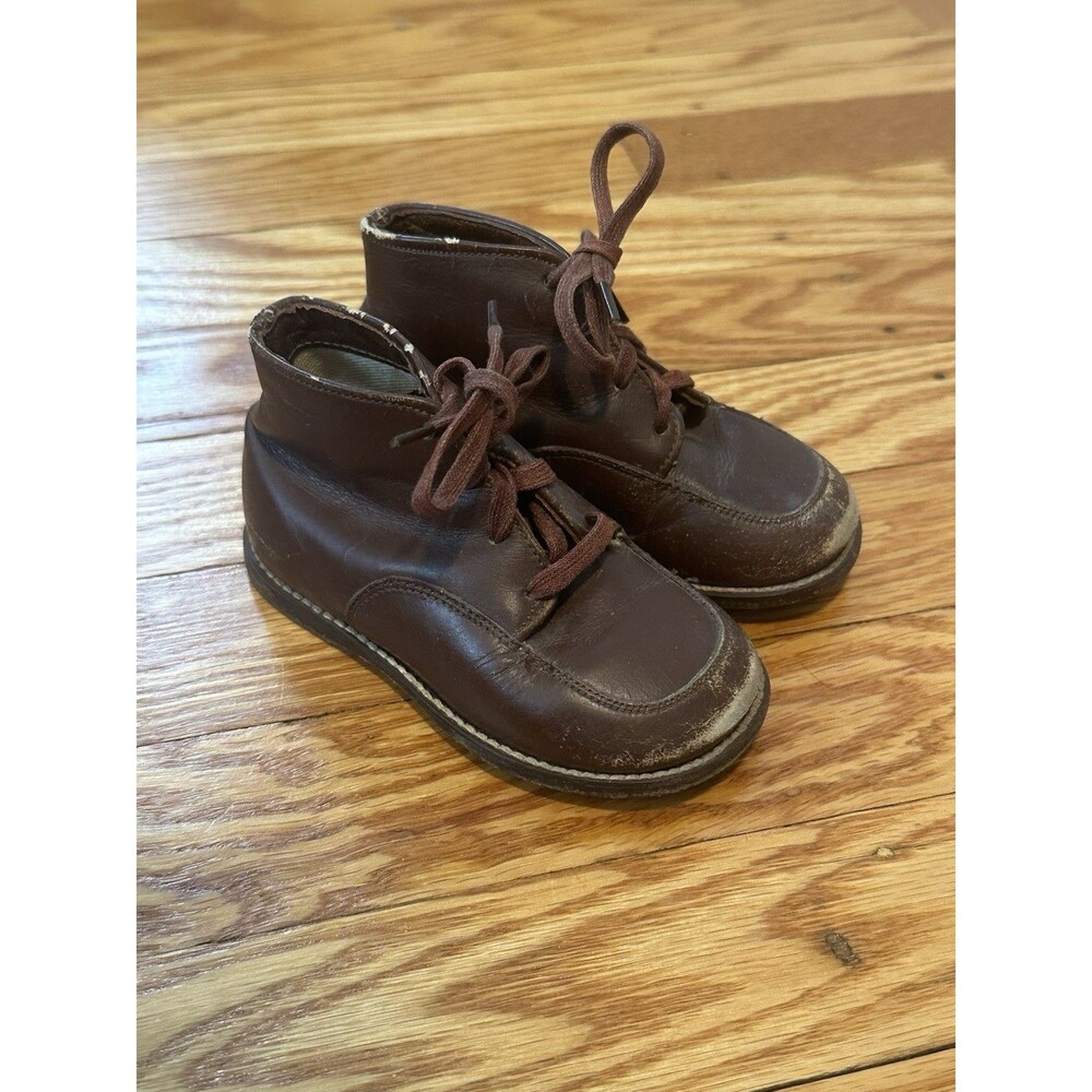 Vintage Billiken Brown Leather High Top Baby Infant Shoes 1950s Walker MCM